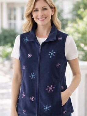 Quacker Factory Dark Blue Vest with Embroidered Snowflakes